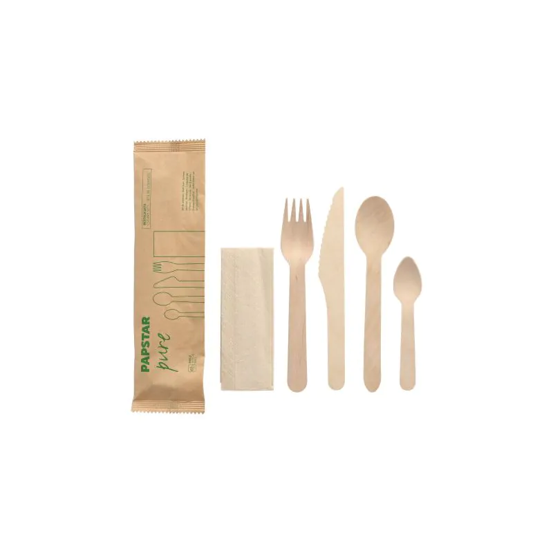 Bestecksets aus Holz "pure" : Messer, Gabel, Löffel, Kaffeelöffel, Serviette in Papierbeutel - Bild 1