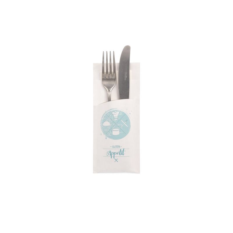 Bestecktaschen "Guten Appetit", 20 x 8,5 cm, weiss, inkl. weißer Serviette 33 x 33 cm 2-lag. - Bild 1 Bestecktaschen "Guten Appetit", 20 x 8,5 cm, weiss, inkl. weißer Serviette 33 x 33 cm 2-lag. - Bild 1