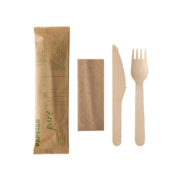 Bestecksets aus Holz "pure",  Messer, Gabel, Serviette in Papierbeutel - Bild 1