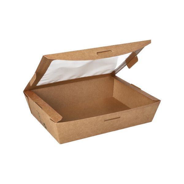 Feinkostboxen, Pappe mit Sichtfenster aus PLA "pure" eckig 1000 ml 15 x 19,5 cm x 4,5 cm braun "100% Fair" - Bild 1