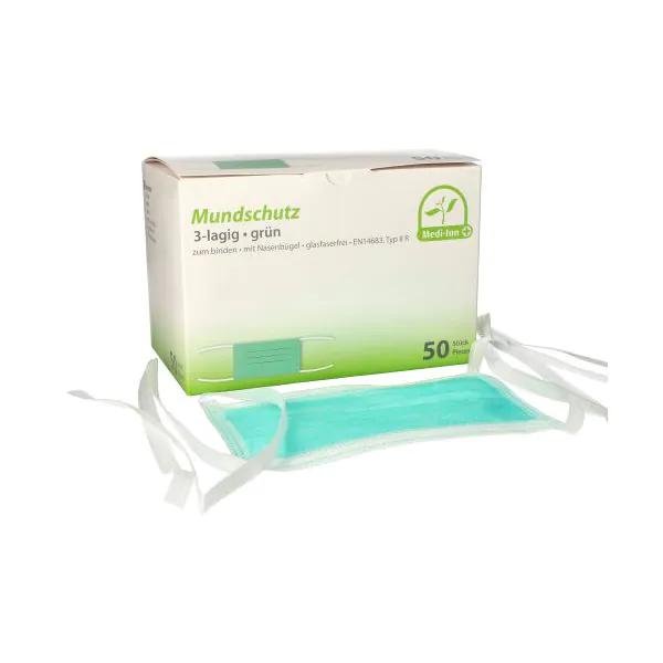 Mundschutz 3-lagig, Type IIR, mit Nasenbügel, zum Binden, grün - Bild 1