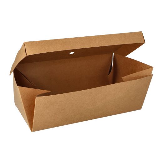 Hamburgerbox tillverkad av färskfiberkartong "pure" 10 cm x 13 cm x 25 cm brun vikbar, stor 1