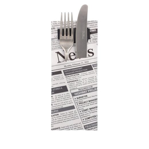Bestickficka 20 cm x 8,5 cm svart/vit "Newsprint" inkl. svart servett 33 x 33 cm 2-lag. 1
