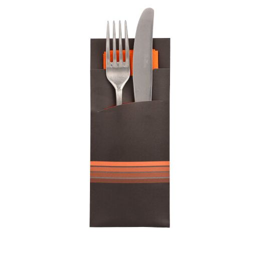 Bestickpåse 20 cm x 8,5 cm schwarz/orange "Stripes" inklusive färgad servett 33 x 33 cm, 2-lags 1