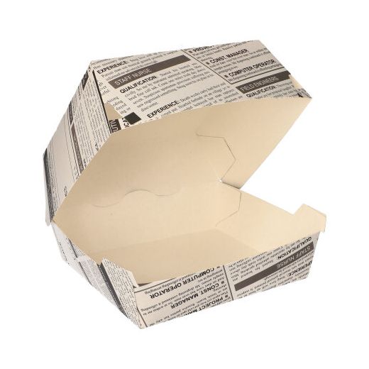 Hamburgerbox tillverkad av färskfiberkartong 7 cm x 11 cm x 11,5 cm "Newsprint" stor 1