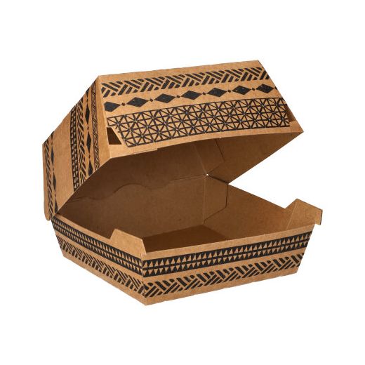 Hamburgerbox tillverkad av färskfiberkartong 5,9 cm x 14,8 cm x 13,2 cm brun "Maori" stor 1