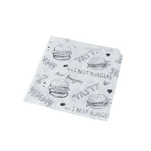 Hamburgerfickor, smörpapper 13,5 cm x 13 cm vit med röda bokstäver, fettbeständigt 1