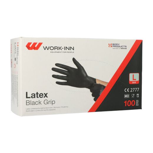 "WORK-INN/PS" Handskar, latex puderfri "Black Grip" svart Storlek L 1