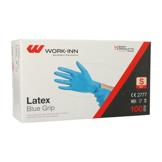 "WORK-INN" Handskar, latex puderfri blå "Blue Grip" Storlek S 1