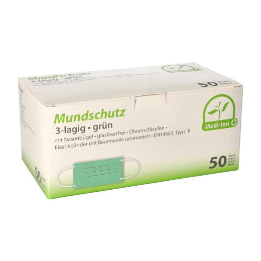 "Medi-Inn®" Munskydd Type IIR, 3-lags 9 cm x 17,5 cm grön med näsklämma och elastiska band 1