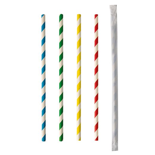 Sugrör av papper "pure" Ø 6 mm · 20 cm sorterade färger "Stripes" singel förpackad 1