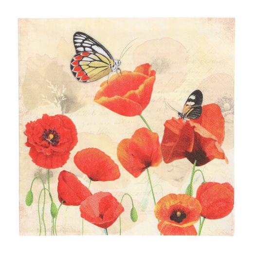 Servett, 3-lags 1/4-vikt 33 cm x 33 cm "Poppy Flowers" 1