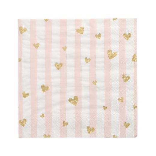 Servett, 3-lags 1/4-vikt 33 cm x 33 cm rosa "Golden Hearts" 1
