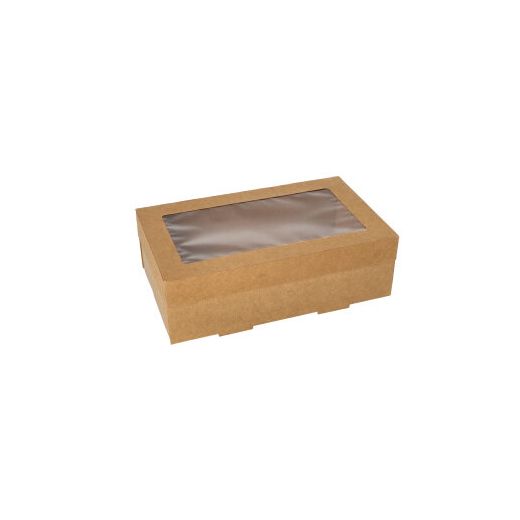 Transport och catering lådor, papp kantig 8 cm x 15,3 cm x 25,5 cm brun med separat lock och visningsfönster av PET 1