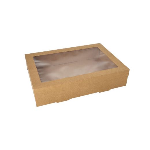 Transport och catering lådor, papp kantig 8 cm x 25,2 cm x 35,9 cm brun med separat lock och visningsfönster av PET 1