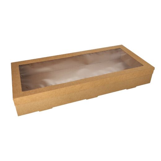 Transport och catering lådor, papp kantig 8 cm x 25,2 cm x 55,8 cm brun med separat lock och visningsfönster av PET 1