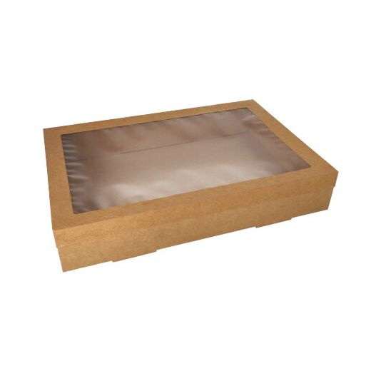 Transport och catering lådor, papp kantig 8 cm x 31 cm x 45 cm brun med separat lock och visningsfönster av PET 1