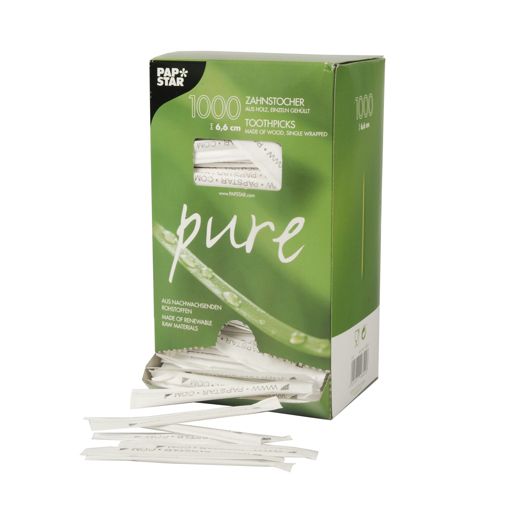 Tandpetare, trä singelförp. "pure" rund 6,5 cm "www.PAPSTAR.com" 1