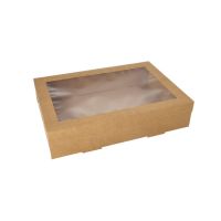Transport och catering lådor, papp kantig 8 cm x 25,2 cm x 35,9 cm brun med separat lock och visningsfönster av PET