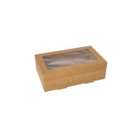Transport och catering lådor, papp kantig 8 cm x 15,3 cm x 25,5 cm brun med separat lock och visningsfönster av PET