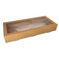 Transport och catering lådor, papp kantig 8 cm x 25,2 cm x 55,8 cm brun med separat lock och visningsfönster av PET