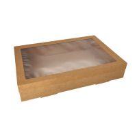 Transport och catering lådor, papp kantig 8 cm x 31 cm x 45 cm brun med separat lock och visningsfönster av PET