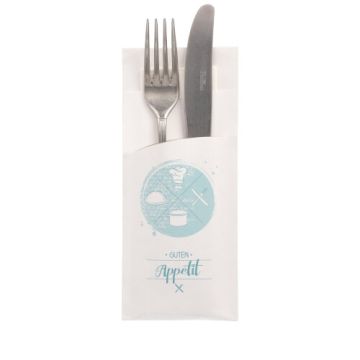 Bestickpåse 20 cm x 8,5 cm vit "Guten Appetit" inklusive vit servett 33 x 33 cm 2-lags