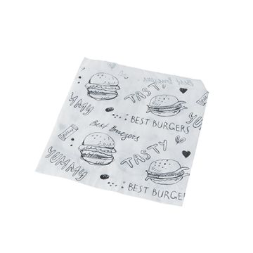 Hamburgerfickor, smörpapper 13,5 cm x 13 cm vit med röda bokstäver, fettbeständigt