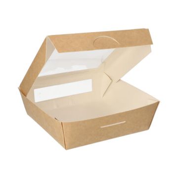 Delibrickor, papp med fönster av PLA "pure" kantig 1000 ml 16 cm x 16 cm x 5 cm brun