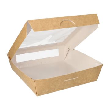 Delibrickor, papp med fönster av PLA "pure" kantig 1500 ml 19 cm x 19 cm x 5 cm brun