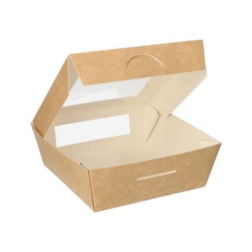 Delibrickor, papp med fönster av PLA "pure" kantig 750 ml 14 cm x 14 cm x 5 cm brun