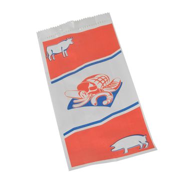 Köttpåse, Kraftpapper, gängade 28 cm x 14 cm x 6 cm vit med tryck, liten