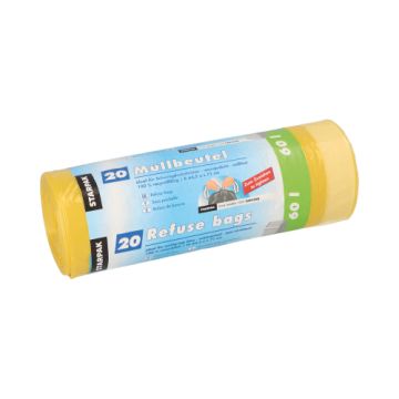 Sopsäck, förslutningsbar, HDPE 60 l 71 cm x 64,5 cm gul