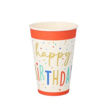 Bägare, papper 0,2 l Ø 7 cm · 9,7 cm vit "Happy Birthday"