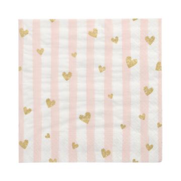 Servetter, 3-lagers 1/4-vikt 33 cm x 33 cm rosa "Golden Hearts"