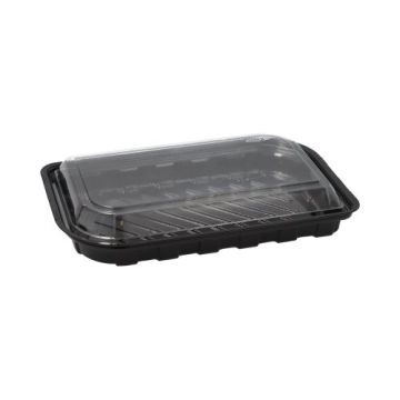 Sushi tallrik R-PET fyrkantig 21 cm x 13 cm x 4,3 cm svart med transparent lock