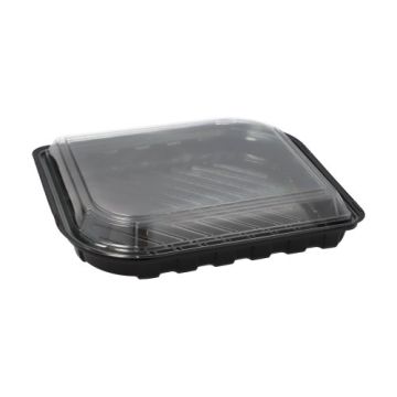 Sushi tallrik R-PET fyrkantig 21 cm x 18 cm x 4,3 cm svart med transparent lock