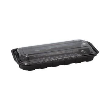 Sushi tallrik R-PET fyrkantig 21 cm x 8,8 cm x 4,3 cm svart med transparent lock