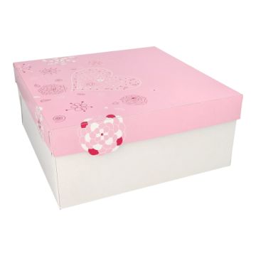 Cake lådor, med lock, papper kantig 30 cm x 30 cm x 13 cm weiss/rosa "Lovely Flowers"