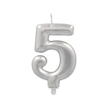 Sifferljus med hållare 7 cm silver "5"