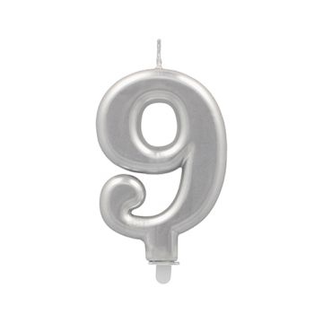 Sifferljus med hållare 7 cm silver "9"