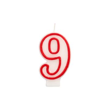 Sifferljus 7,3 cm vit "9" med röd kant